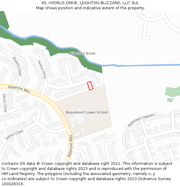 45, HYDRUS DRIVE, LEIGHTON BUZZARD, LU7 3UL: Location map and indicative extent of plot