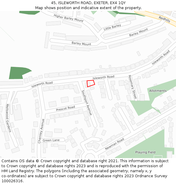 45, ISLEWORTH ROAD, EXETER, EX4 1QY: Location map and indicative extent of plot
