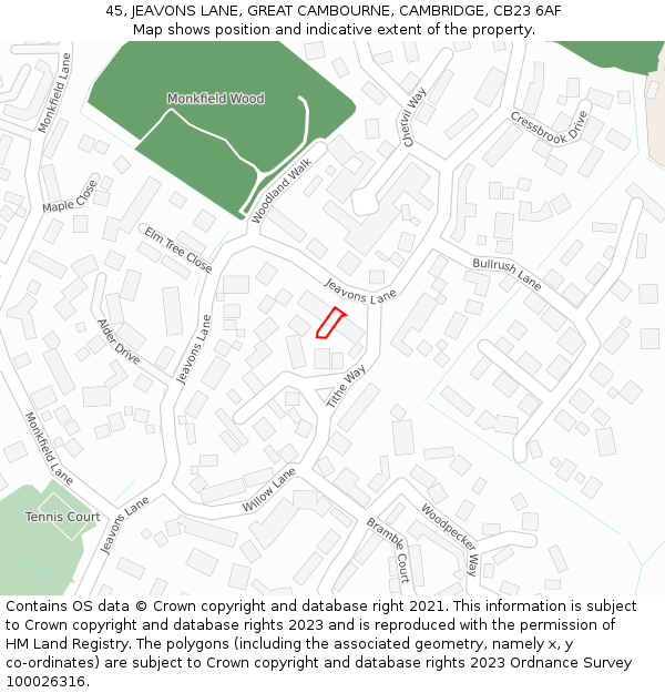 45, JEAVONS LANE, GREAT CAMBOURNE, CAMBRIDGE, CB23 6AF: Location map and indicative extent of plot