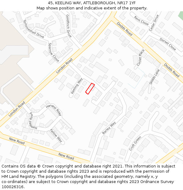 45, KEELING WAY, ATTLEBOROUGH, NR17 1YF: Location map and indicative extent of plot