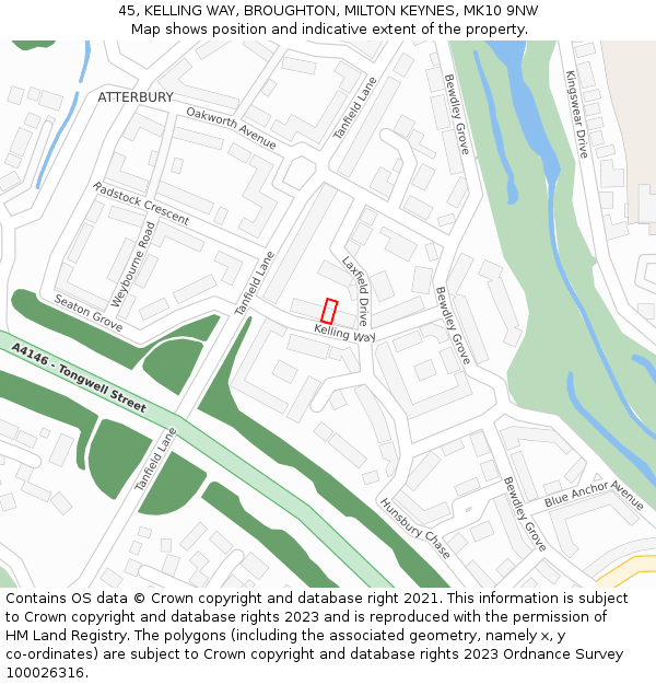 45, KELLING WAY, BROUGHTON, MILTON KEYNES, MK10 9NW: Location map and indicative extent of plot