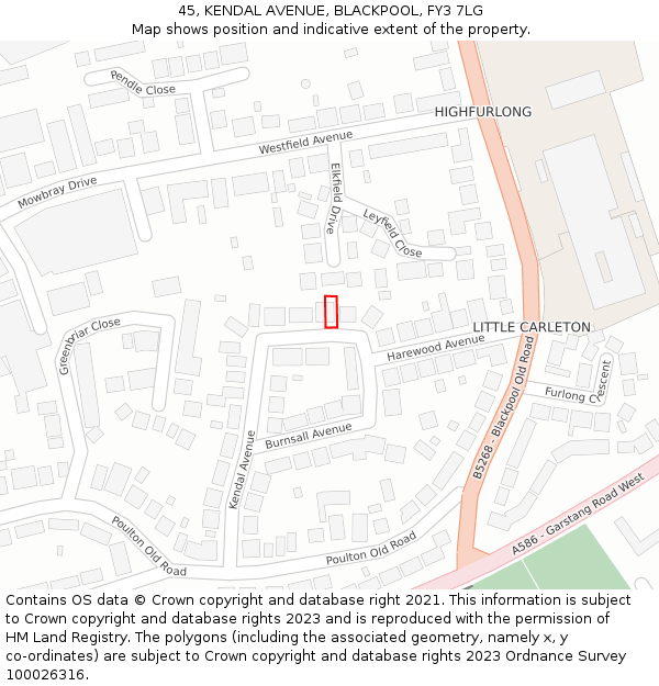 45, KENDAL AVENUE, BLACKPOOL, FY3 7LG: Location map and indicative extent of plot