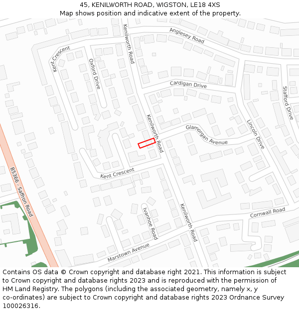 45, KENILWORTH ROAD, WIGSTON, LE18 4XS: Location map and indicative extent of plot