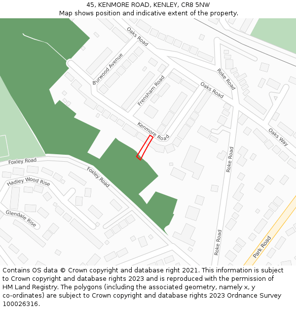 45, KENMORE ROAD, KENLEY, CR8 5NW: Location map and indicative extent of plot