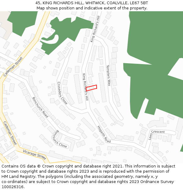 45, KING RICHARDS HILL, WHITWICK, COALVILLE, LE67 5BT: Location map and indicative extent of plot