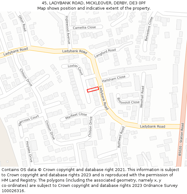 45, LADYBANK ROAD, MICKLEOVER, DERBY, DE3 0PF: Location map and indicative extent of plot