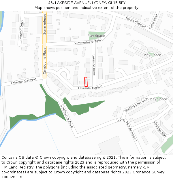 45, LAKESIDE AVENUE, LYDNEY, GL15 5PY: Location map and indicative extent of plot