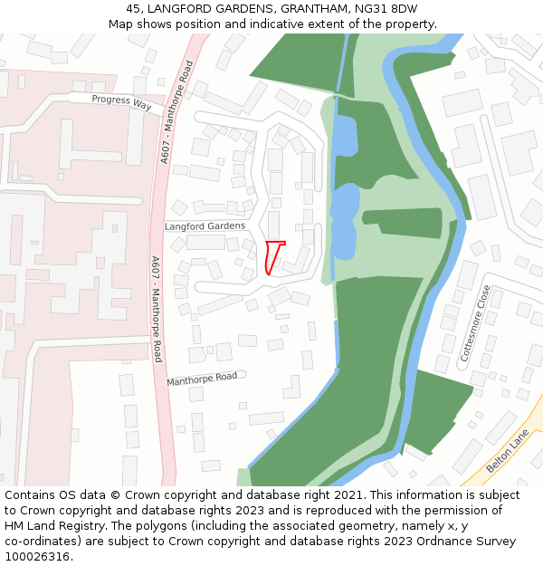 45, LANGFORD GARDENS, GRANTHAM, NG31 8DW: Location map and indicative extent of plot