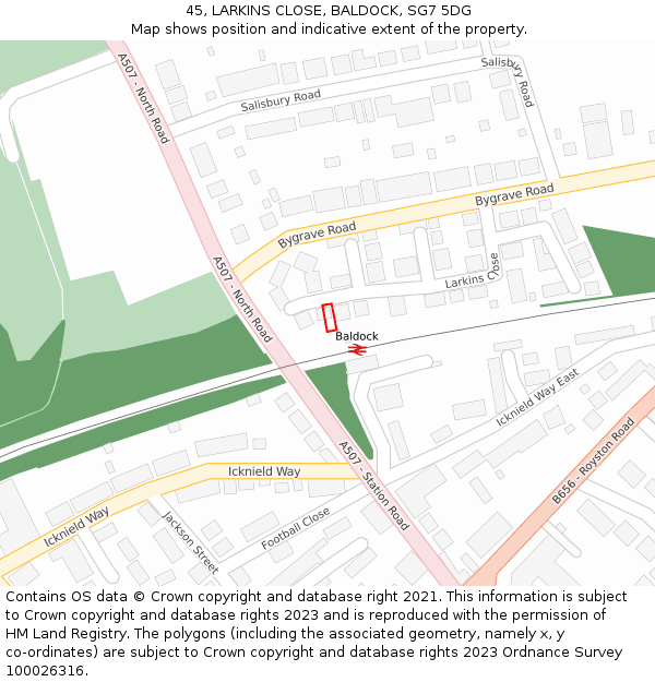 45, LARKINS CLOSE, BALDOCK, SG7 5DG: Location map and indicative extent of plot