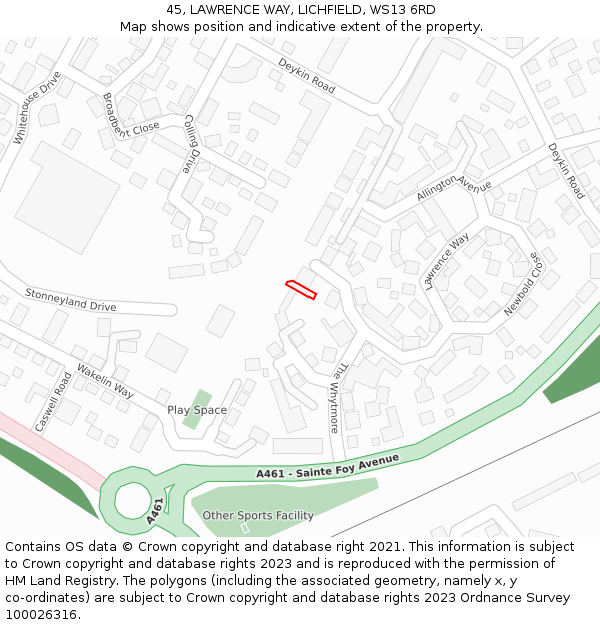 45, LAWRENCE WAY, LICHFIELD, WS13 6RD: Location map and indicative extent of plot