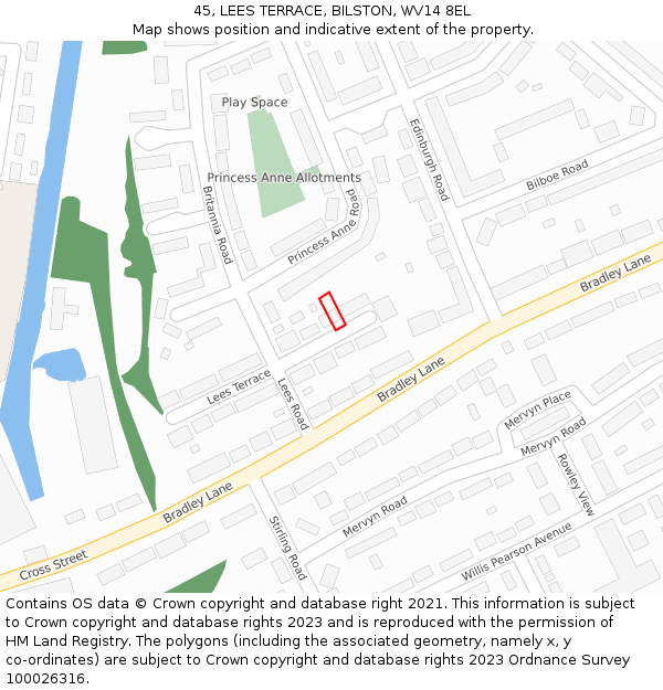 45, LEES TERRACE, BILSTON, WV14 8EL: Location map and indicative extent of plot