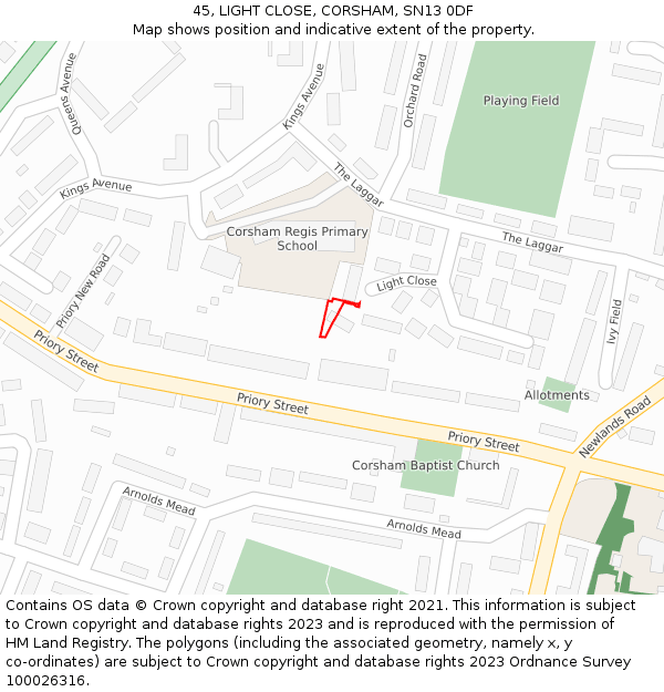 45, LIGHT CLOSE, CORSHAM, SN13 0DF: Location map and indicative extent of plot