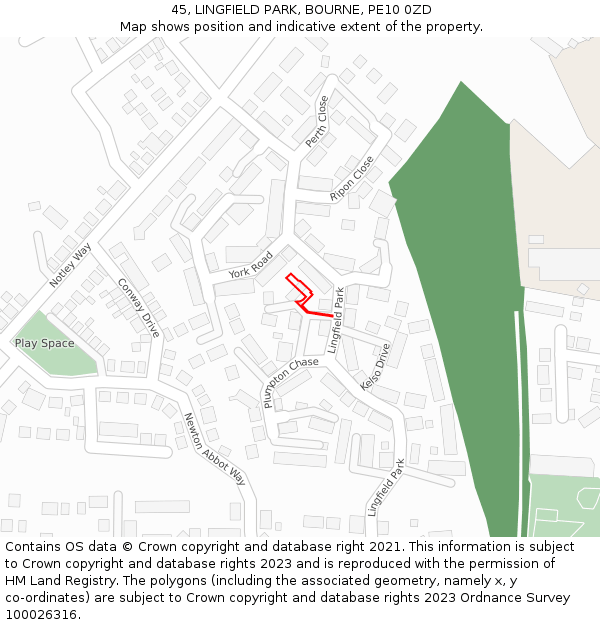 45, LINGFIELD PARK, BOURNE, PE10 0ZD: Location map and indicative extent of plot