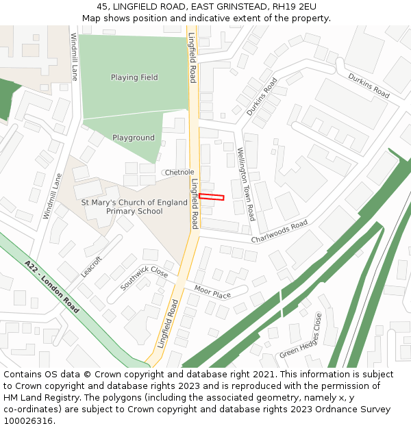 45, LINGFIELD ROAD, EAST GRINSTEAD, RH19 2EU: Location map and indicative extent of plot