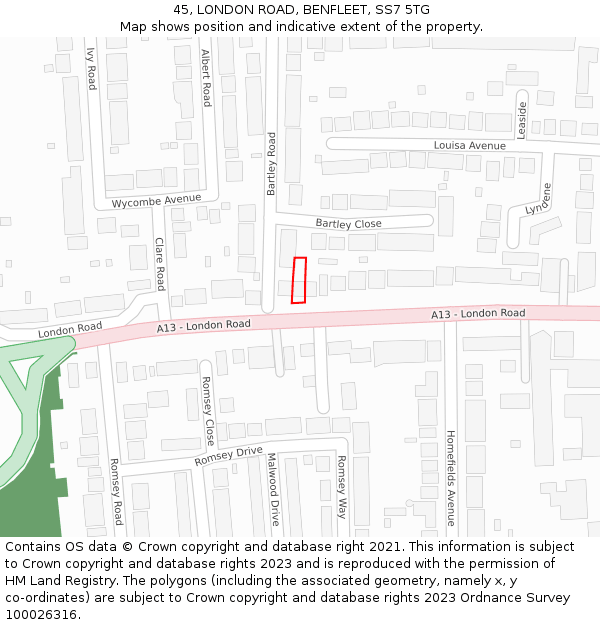 45, LONDON ROAD, BENFLEET, SS7 5TG: Location map and indicative extent of plot