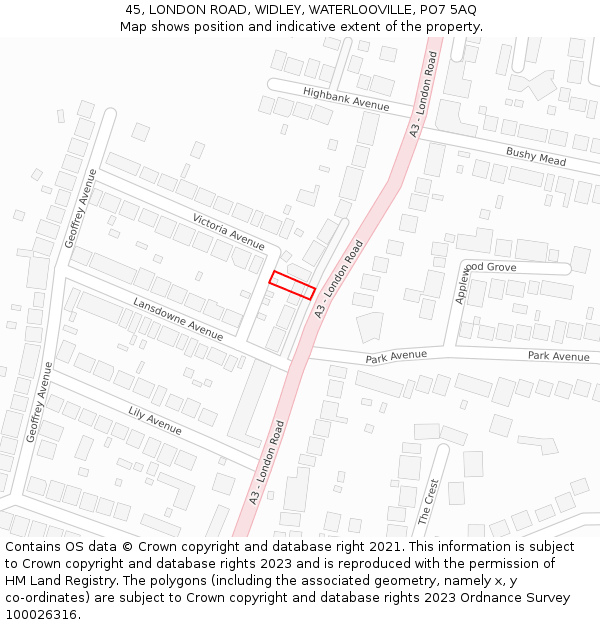 45, LONDON ROAD, WIDLEY, WATERLOOVILLE, PO7 5AQ: Location map and indicative extent of plot