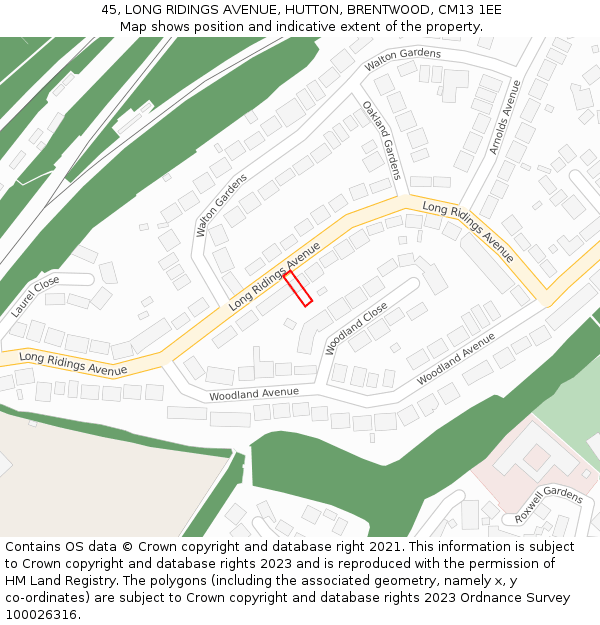 45, LONG RIDINGS AVENUE, HUTTON, BRENTWOOD, CM13 1EE: Location map and indicative extent of plot