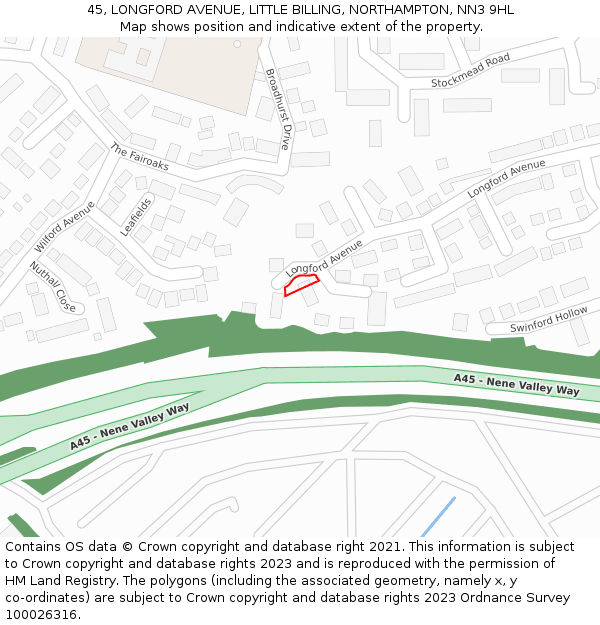 45, LONGFORD AVENUE, LITTLE BILLING, NORTHAMPTON, NN3 9HL: Location map and indicative extent of plot