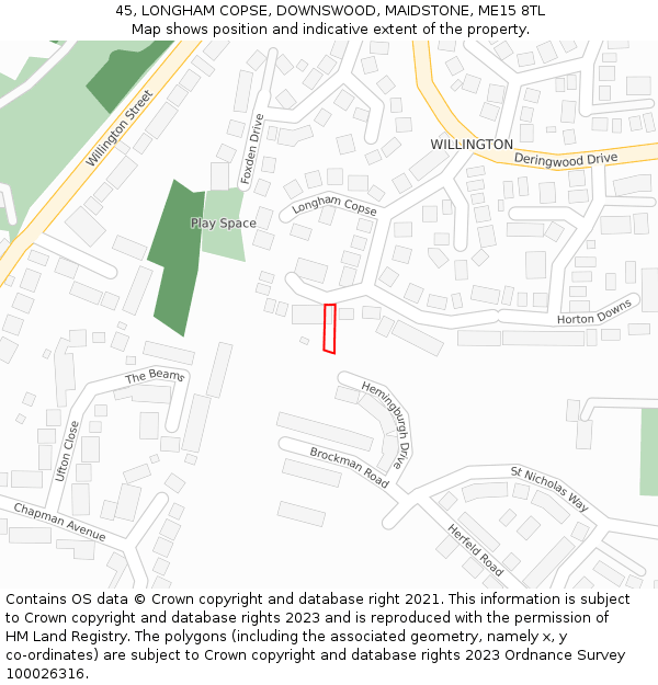 45, LONGHAM COPSE, DOWNSWOOD, MAIDSTONE, ME15 8TL: Location map and indicative extent of plot