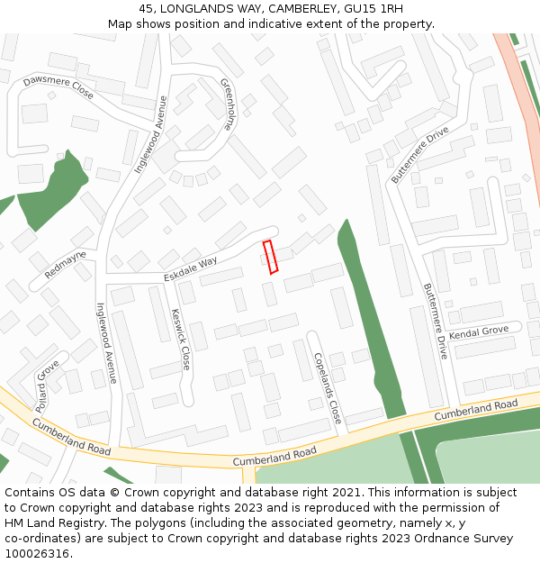 45, LONGLANDS WAY, CAMBERLEY, GU15 1RH: Location map and indicative extent of plot