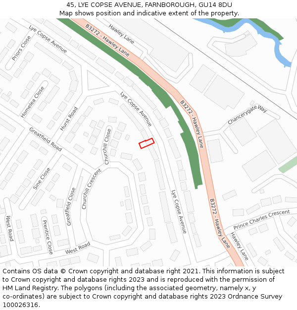 45, LYE COPSE AVENUE, FARNBOROUGH, GU14 8DU: Location map and indicative extent of plot
