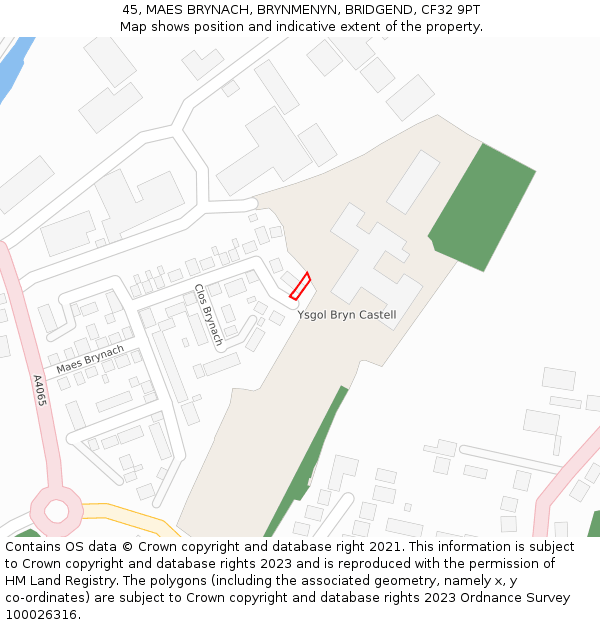 45, MAES BRYNACH, BRYNMENYN, BRIDGEND, CF32 9PT: Location map and indicative extent of plot