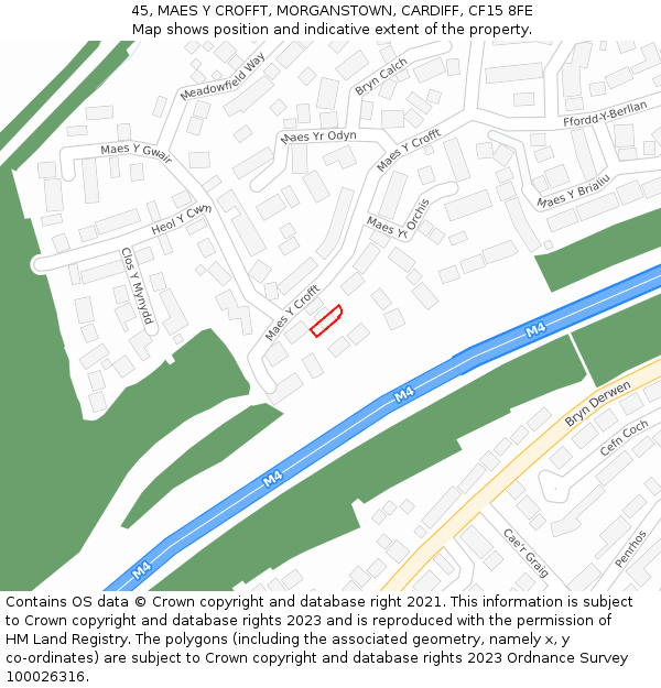 45, MAES Y CROFFT, MORGANSTOWN, CARDIFF, CF15 8FE: Location map and indicative extent of plot