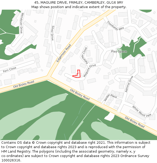 45, MAGUIRE DRIVE, FRIMLEY, CAMBERLEY, GU16 9RY: Location map and indicative extent of plot