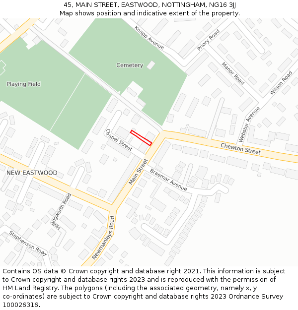 45, MAIN STREET, EASTWOOD, NOTTINGHAM, NG16 3JJ: Location map and indicative extent of plot