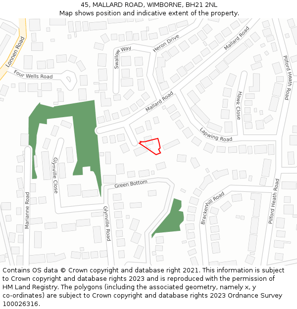 45, MALLARD ROAD, WIMBORNE, BH21 2NL: Location map and indicative extent of plot