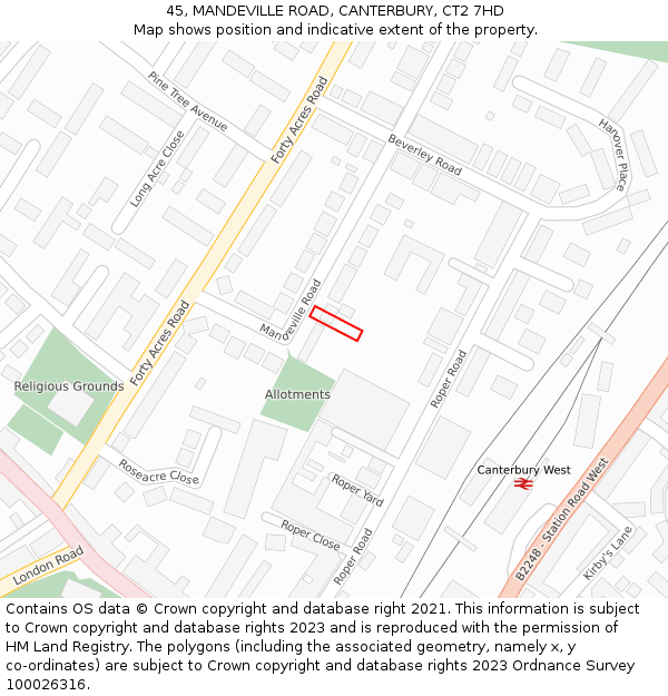 45, MANDEVILLE ROAD, CANTERBURY, CT2 7HD: Location map and indicative extent of plot