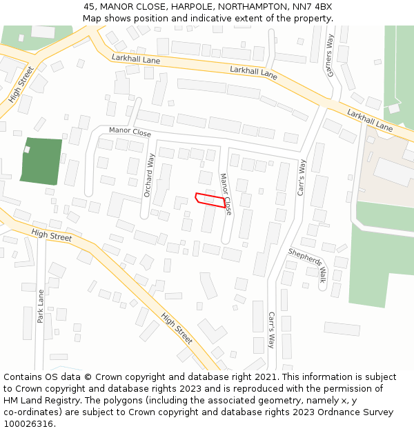 45, MANOR CLOSE, HARPOLE, NORTHAMPTON, NN7 4BX: Location map and indicative extent of plot