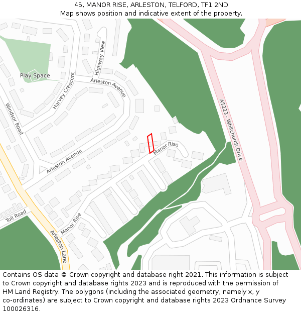 45, MANOR RISE, ARLESTON, TELFORD, TF1 2ND: Location map and indicative extent of plot