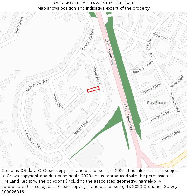 45, MANOR ROAD, DAVENTRY, NN11 4EF: Location map and indicative extent of plot