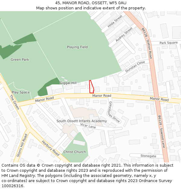 45, MANOR ROAD, OSSETT, WF5 0AU: Location map and indicative extent of plot