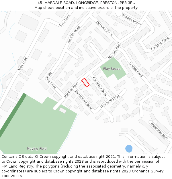 45, MARDALE ROAD, LONGRIDGE, PRESTON, PR3 3EU: Location map and indicative extent of plot