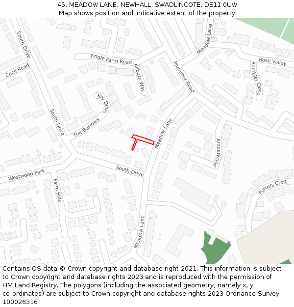 45, MEADOW LANE, NEWHALL, SWADLINCOTE, DE11 0UW: Location map and indicative extent of plot