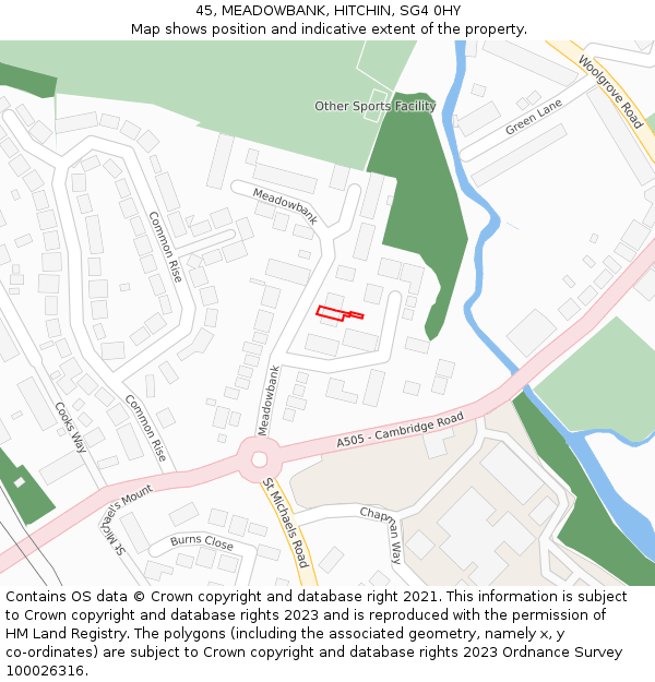 45, MEADOWBANK, HITCHIN, SG4 0HY: Location map and indicative extent of plot