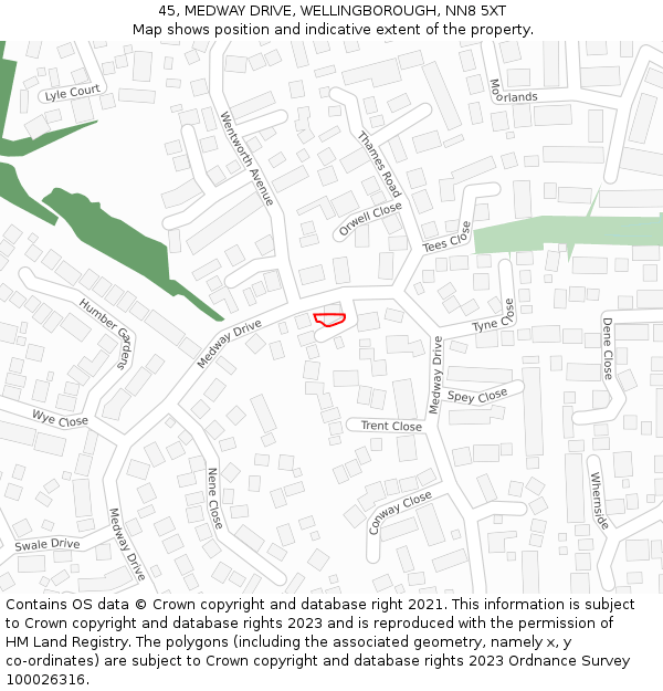 45, MEDWAY DRIVE, WELLINGBOROUGH, NN8 5XT: Location map and indicative extent of plot