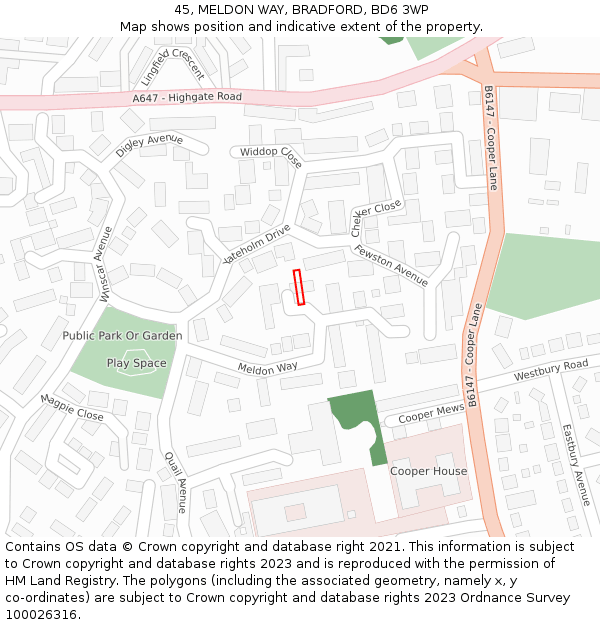 45, MELDON WAY, BRADFORD, BD6 3WP: Location map and indicative extent of plot