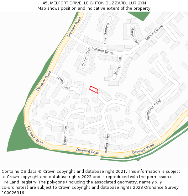 45, MELFORT DRIVE, LEIGHTON BUZZARD, LU7 2XN: Location map and indicative extent of plot