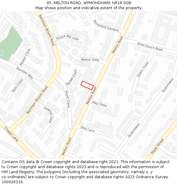 45, MELTON ROAD, WYMONDHAM, NR18 0DB: Location map and indicative extent of plot