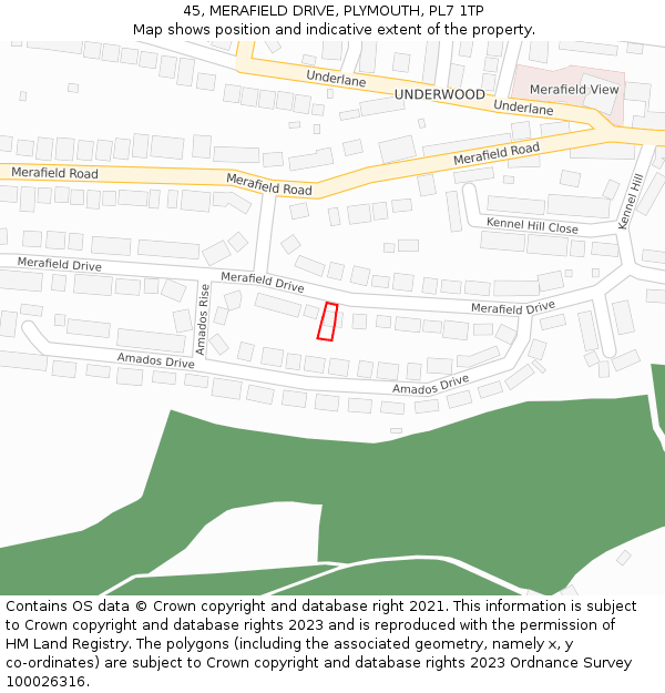 45, MERAFIELD DRIVE, PLYMOUTH, PL7 1TP: Location map and indicative extent of plot