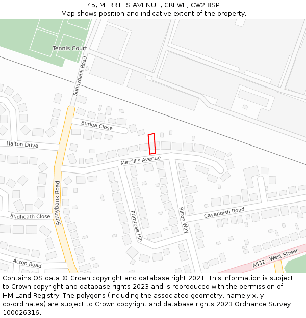 45, MERRILLS AVENUE, CREWE, CW2 8SP: Location map and indicative extent of plot