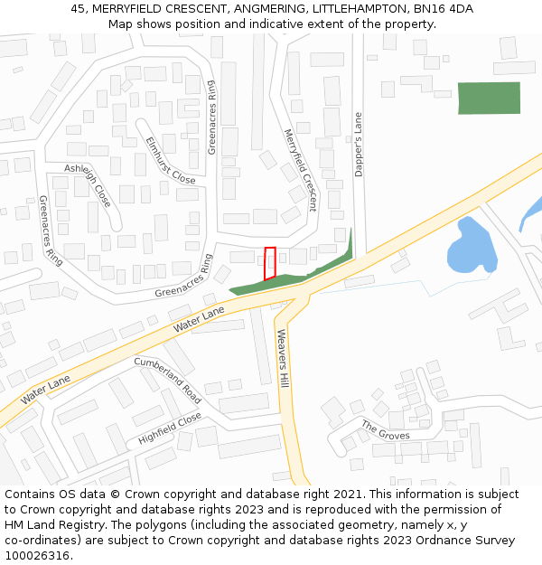 45, MERRYFIELD CRESCENT, ANGMERING, LITTLEHAMPTON, BN16 4DA: Location map and indicative extent of plot