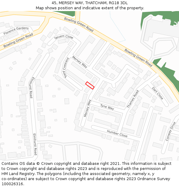 45, MERSEY WAY, THATCHAM, RG18 3DL: Location map and indicative extent of plot