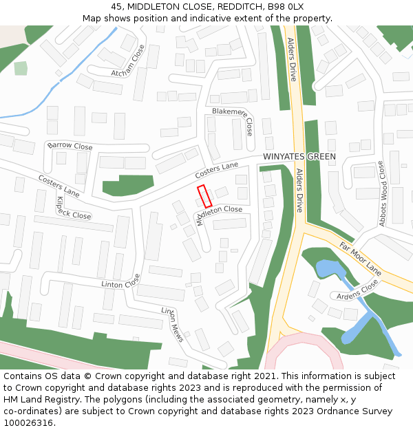 45, MIDDLETON CLOSE, REDDITCH, B98 0LX: Location map and indicative extent of plot