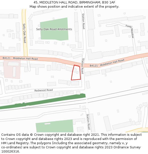 45, MIDDLETON HALL ROAD, BIRMINGHAM, B30 1AF: Location map and indicative extent of plot