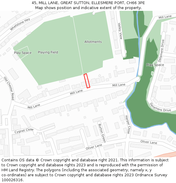 45, MILL LANE, GREAT SUTTON, ELLESMERE PORT, CH66 3PE: Location map and indicative extent of plot