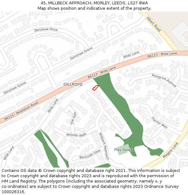 45, MILLBECK APPROACH, MORLEY, LEEDS, LS27 8WA: Location map and indicative extent of plot